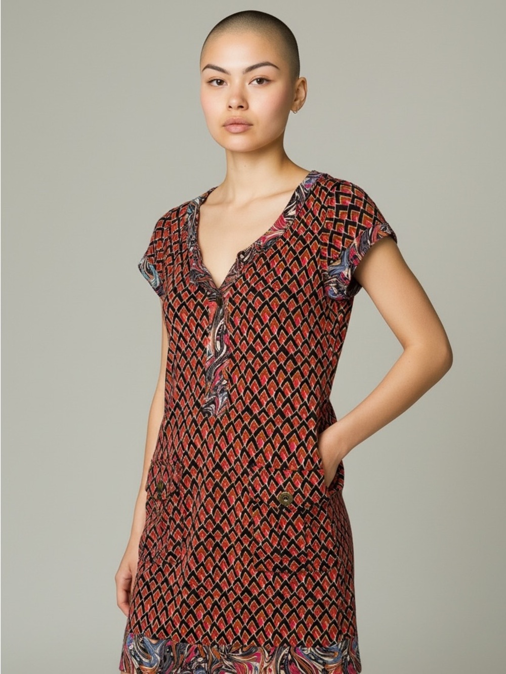 Diane Von Furstenberg Red and Black Geometric V-Neck Mini Dress Silk 10